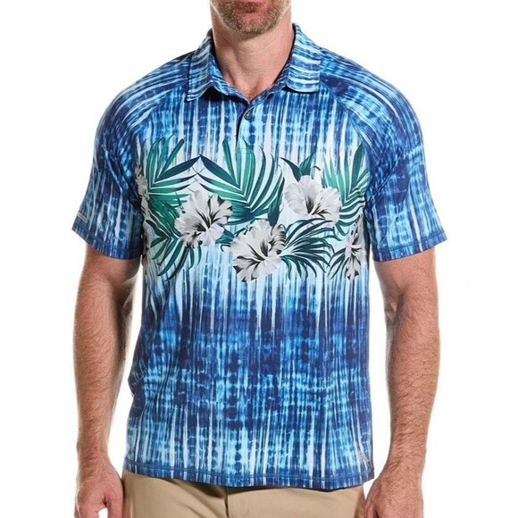NWT Tommy Bahama Island Zone Polo Shirt Tidepool Royale Size S Tropical UPF 30 - Picture 1 of 9